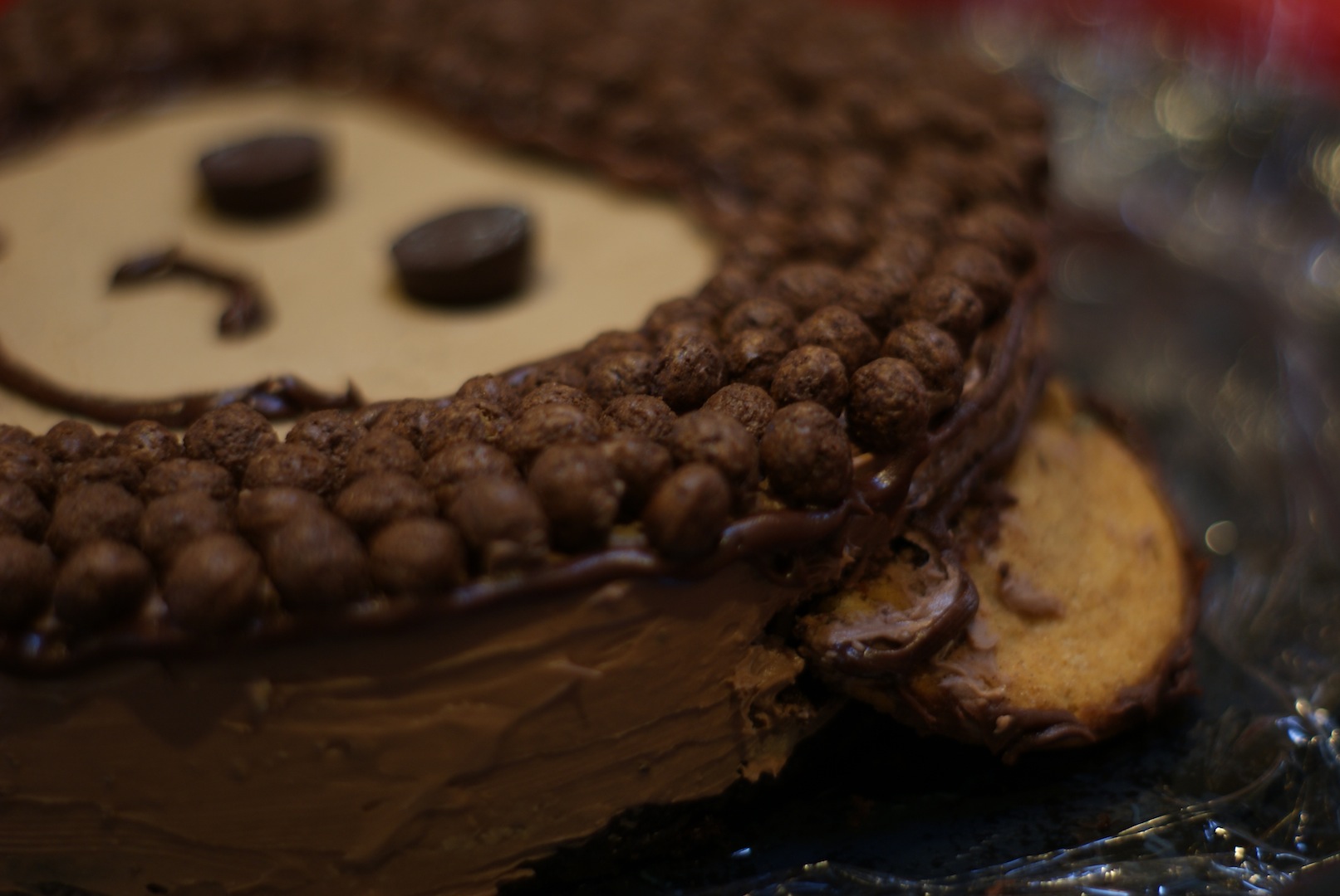 A monkey cake based on our team mascot made from Cocopuffs and Cookies for our Lynbrook Robotics Team Mentor.